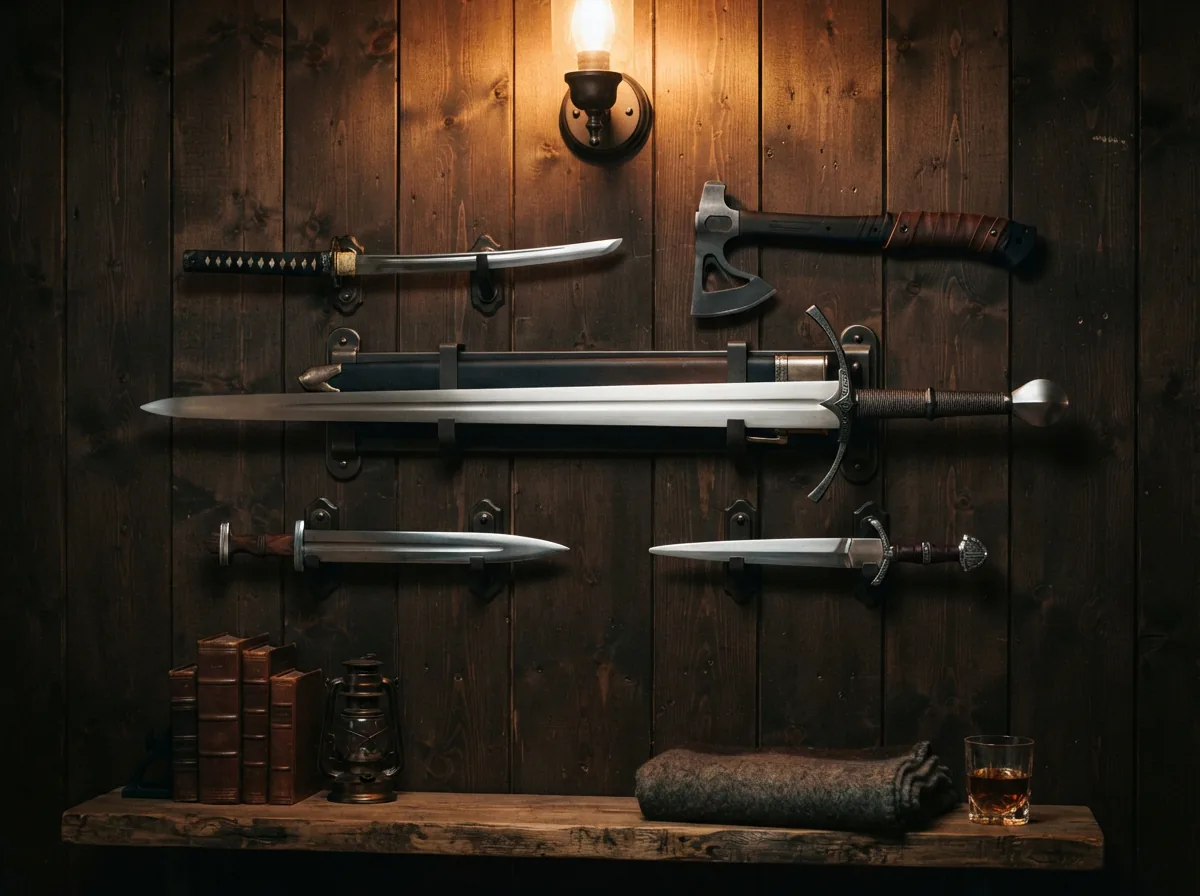 The Honshu Claymore displayed in a collection with other historical swords and axes.