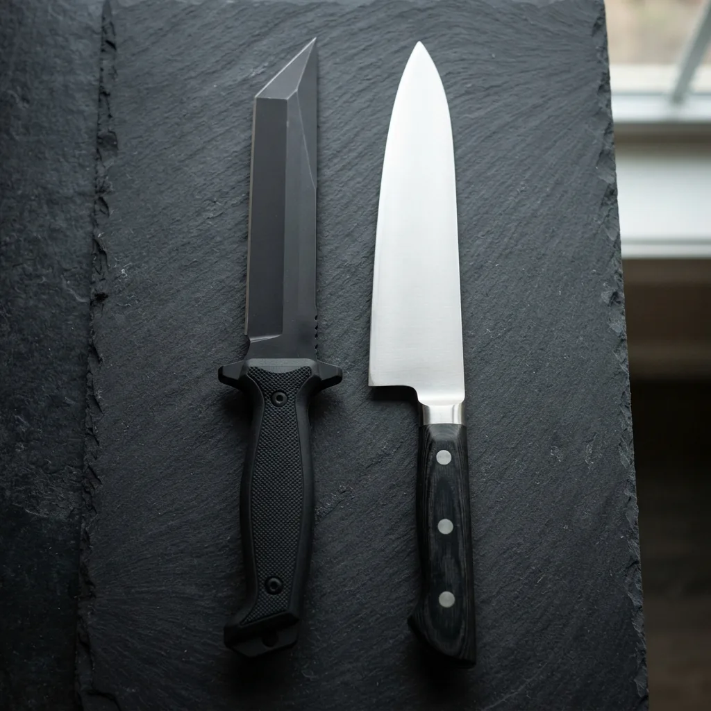 A close-up of a Honshu tanto blade next to a chef's gyuto blade, highlighting their different points and grinds.
