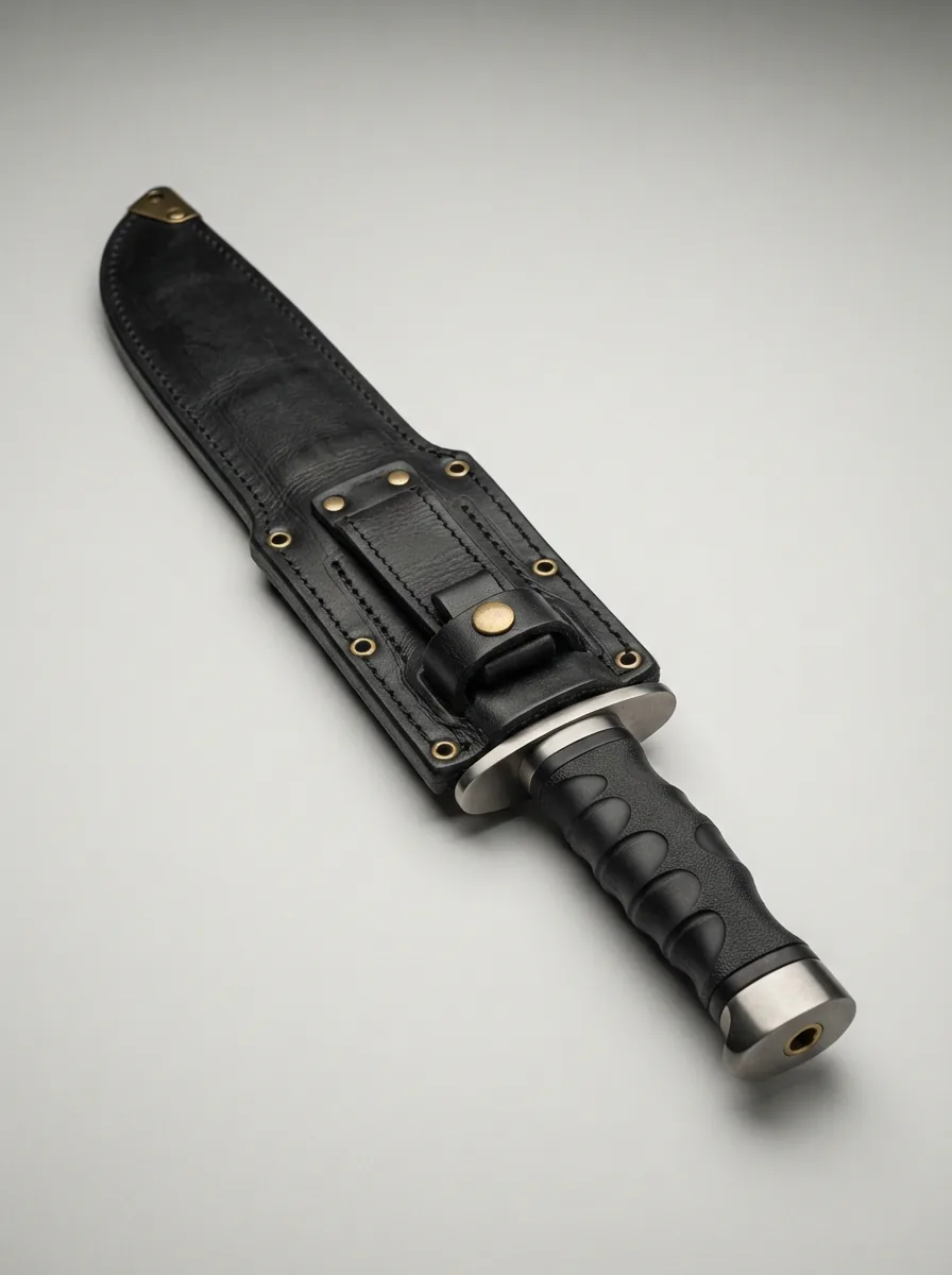The complete Honshu Spartan Sword and its leather belt sheath, displayed as a single functional unit.