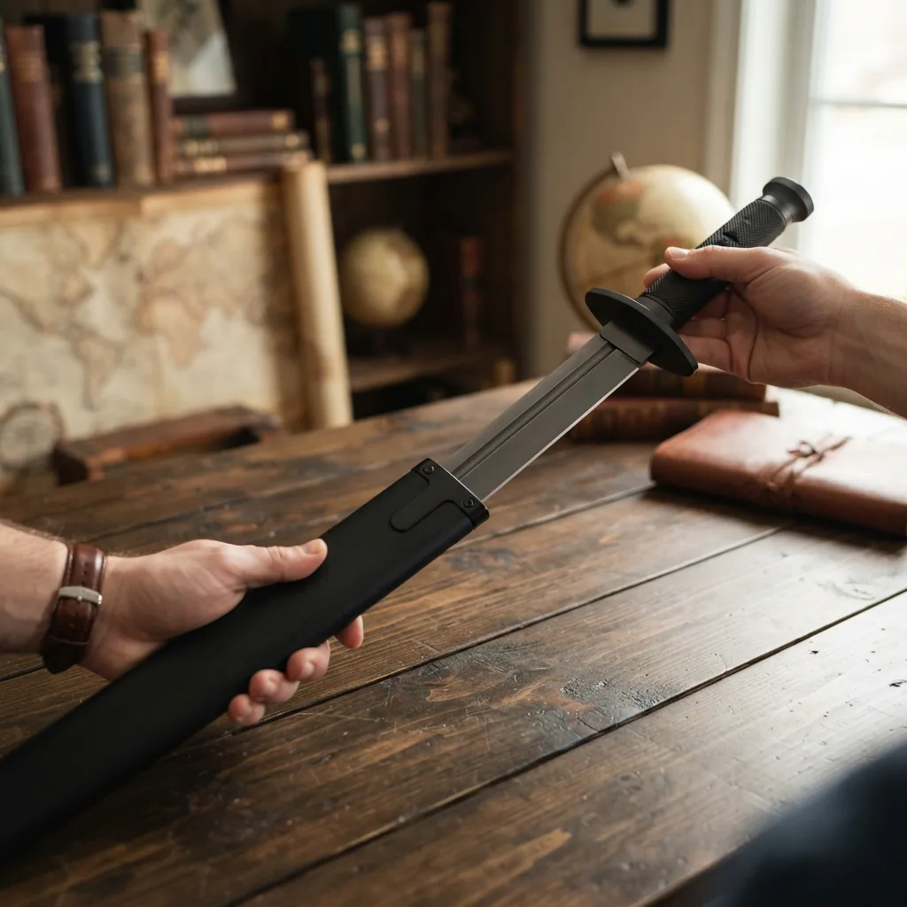 The Honshu Tactical Broadsword being placed into its black wooden scabbard.