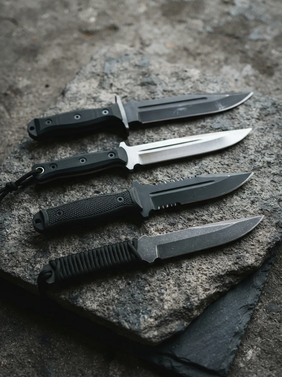 An arrangement of several Honshu daggers with varying blade profiles and handle designs displayed on a dark, textured surface.