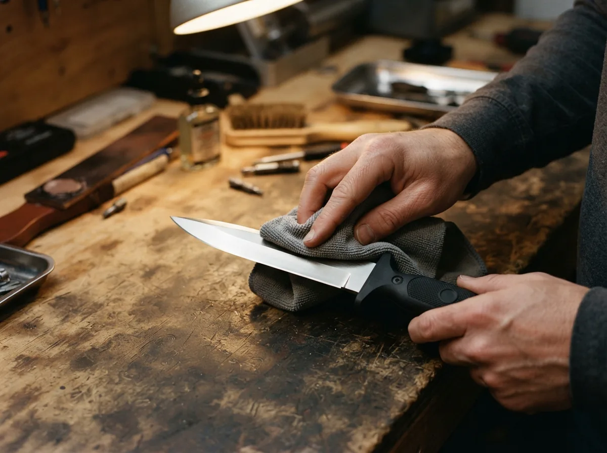A person carefully cleaning a Honshu dagger blade with a cloth, suggesting maintenance and care.