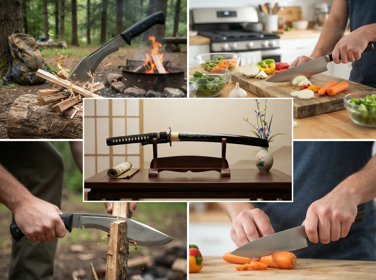 A montage scene showing a Honshu knife used for camping, cooking, and displayed as a collectible.