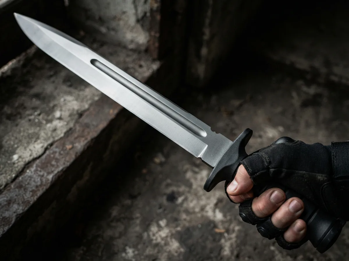 Close-up of the Honshu Tactical Broadsword blade showing the partial blood groove and sharp edge, held in a gloved hand.