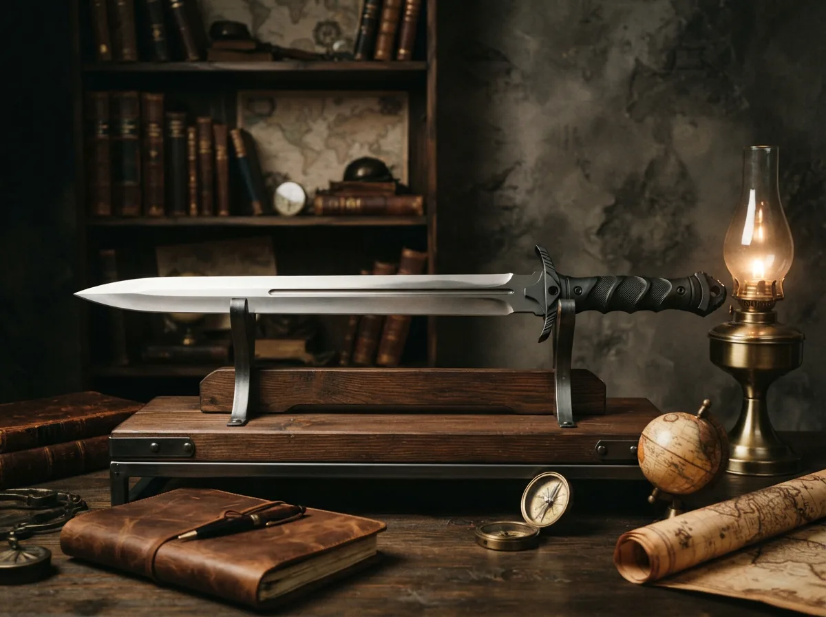 Honshu Tactical Broadsword displayed in a collector's setting with other historical items