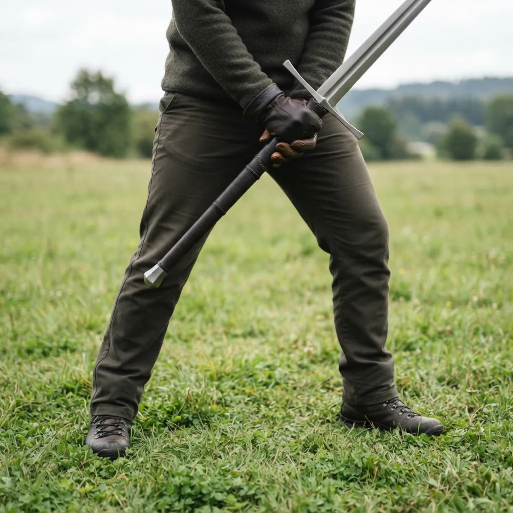 Illustration of a proper two-handed sword stance, showing feet placement and grip on the Honshu Claymore.