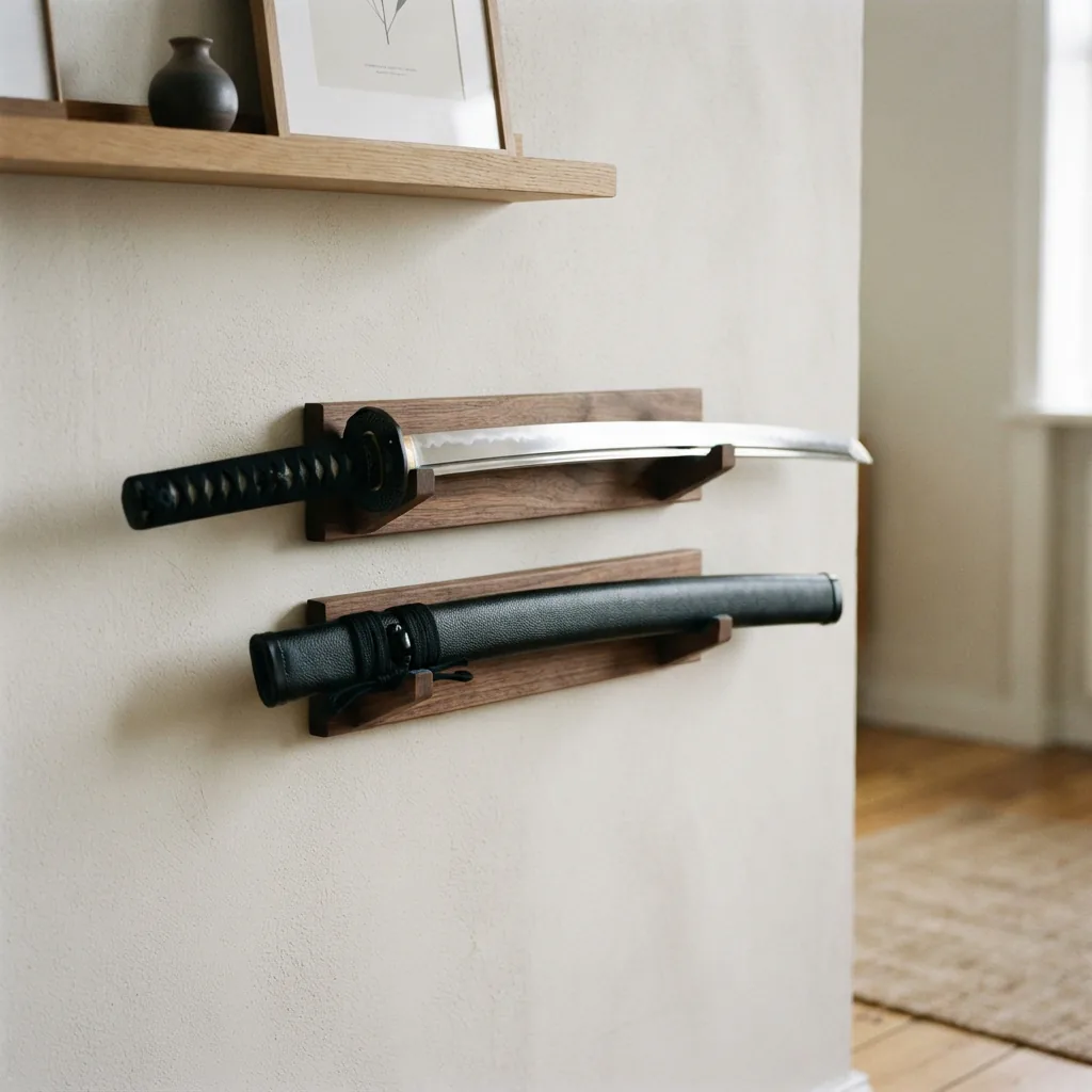 The Honshu Boshin wakizashi and its scabbard displayed separately on a wall mount in a dry, indoor setting.