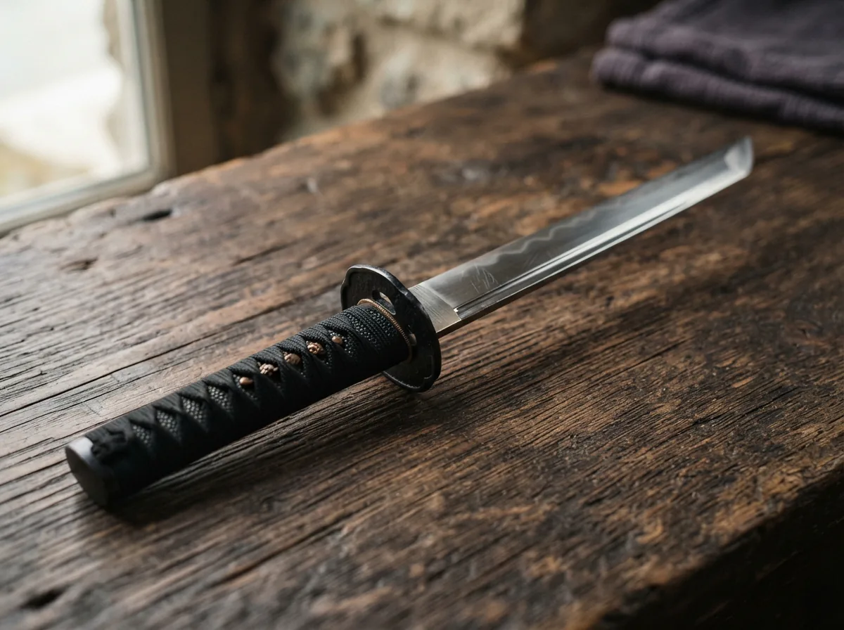 Honshu Ronin Tanto dagger prominently displayed, highlighting its satin blade and cord-wrapped handle.