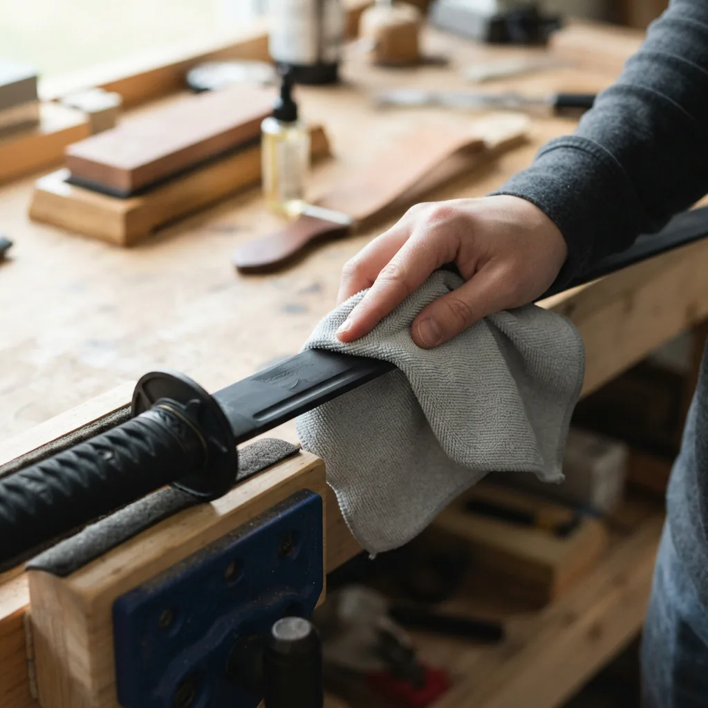 A hand wiping the blade of the Honshu sword with a soft cloth.