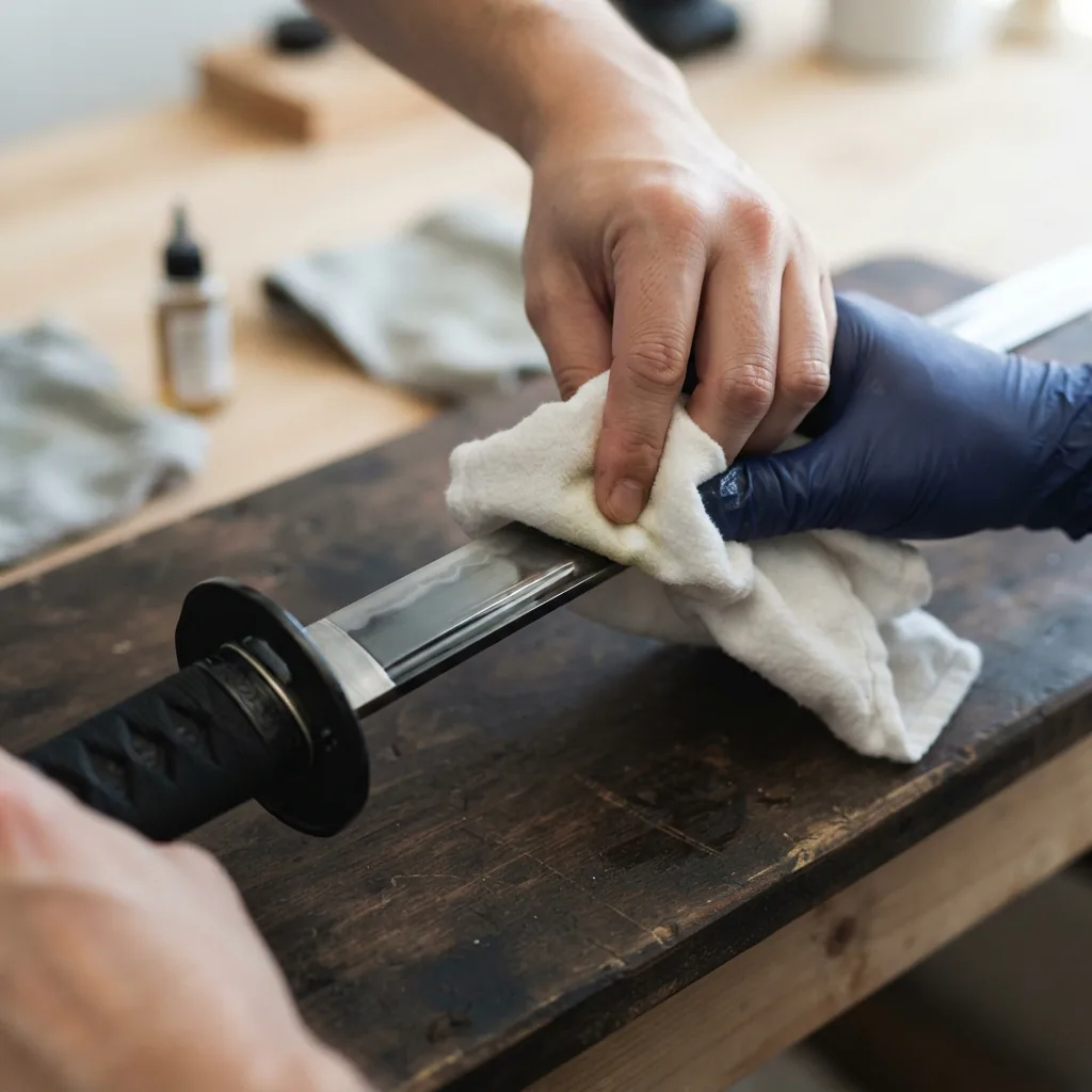 A hand applying a thin coat of oil to the blade of the Honshu Boshin wakizashi with a soft cloth.