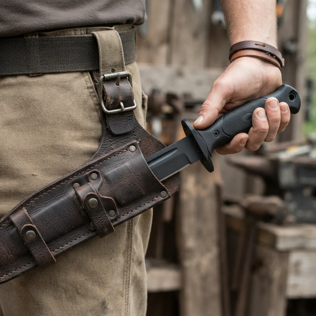 The Honshu Spartan Sword being securely placed into its leather belt sheath.