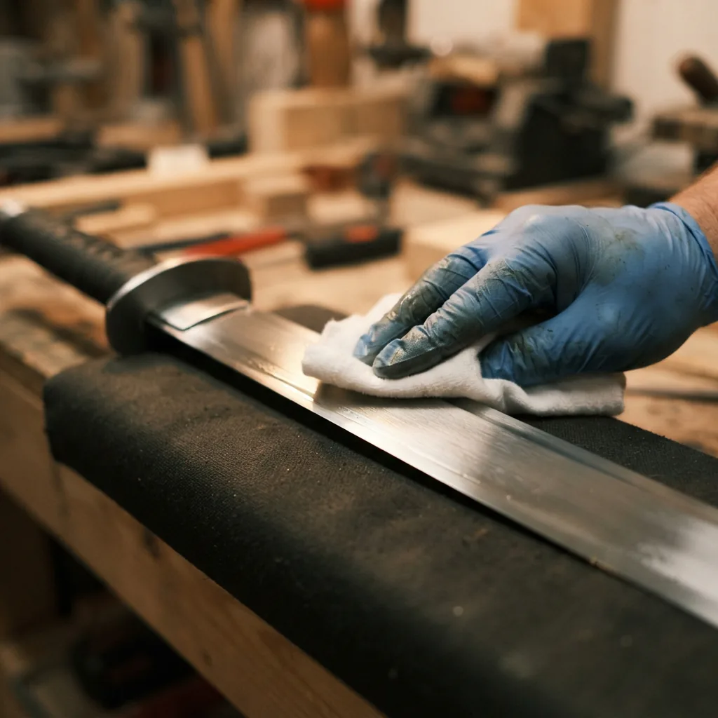 A hand applying oil to the brushed steel blade of the Honshu broadsword with a soft cloth.