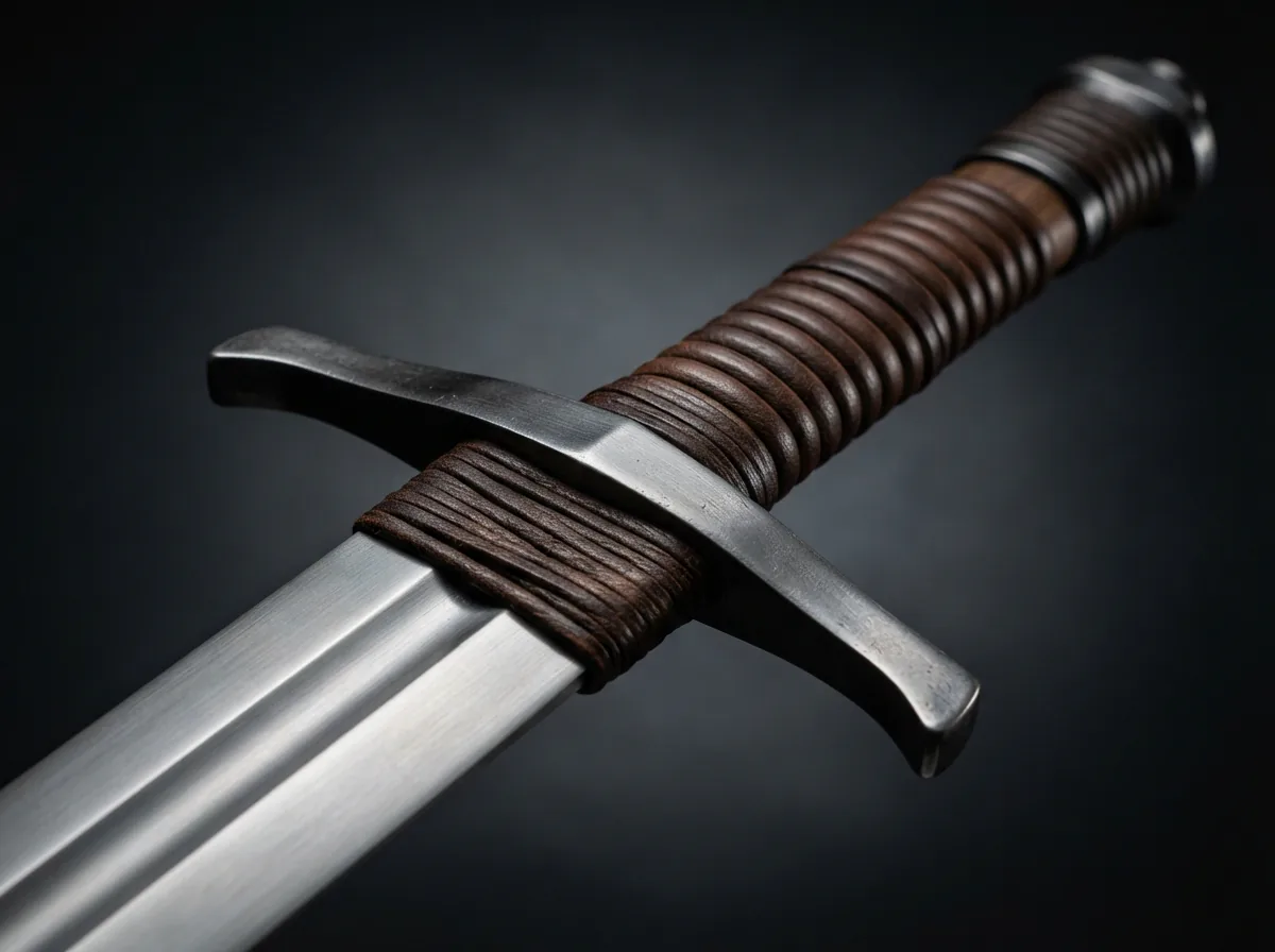 Close-up of the Honshu Claymore's hilt showing the leather-wrapped ricasso, ribbed leather grip, and solid steel guard.