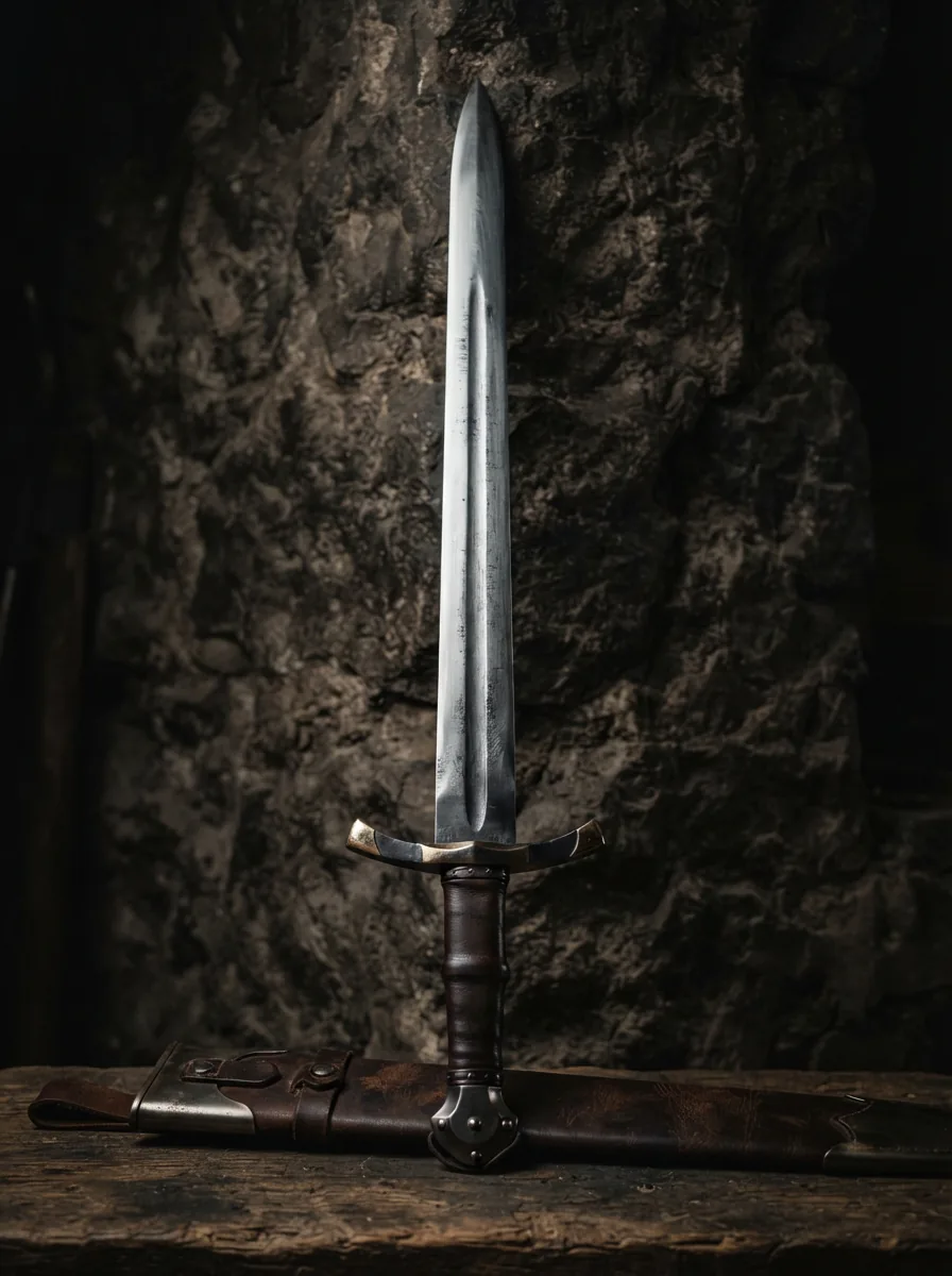 The Honshu Single-Hand Broadsword displayed upright against a dark backdrop, showcasing its full length and design.