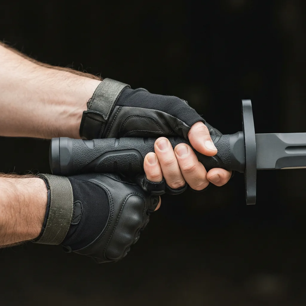 Two hands demonstrating a firm grip on the tactical broadsword hilt