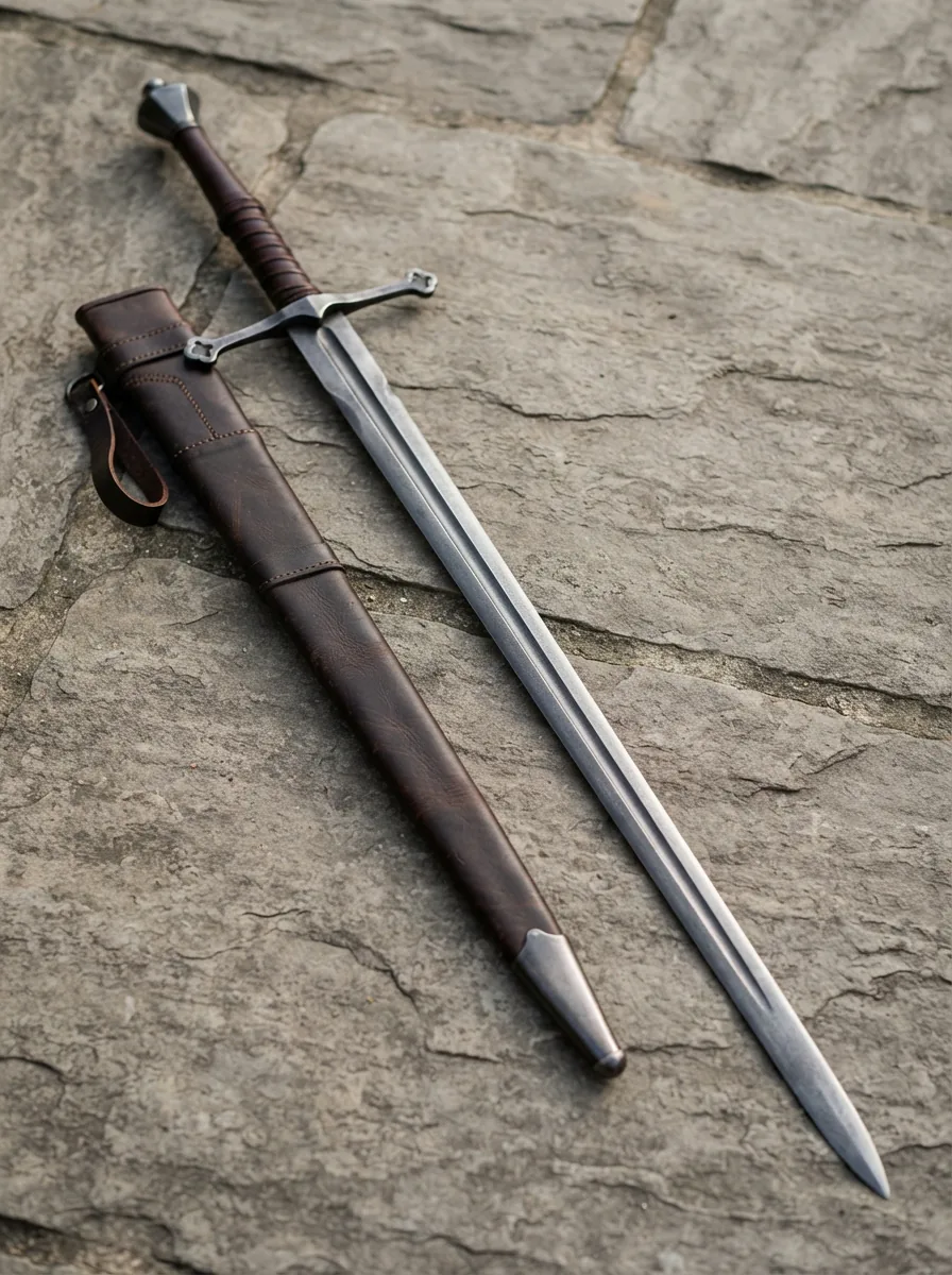 Full-length view of the Honshu Historic Forge Claymore sword with its leather scabbard.