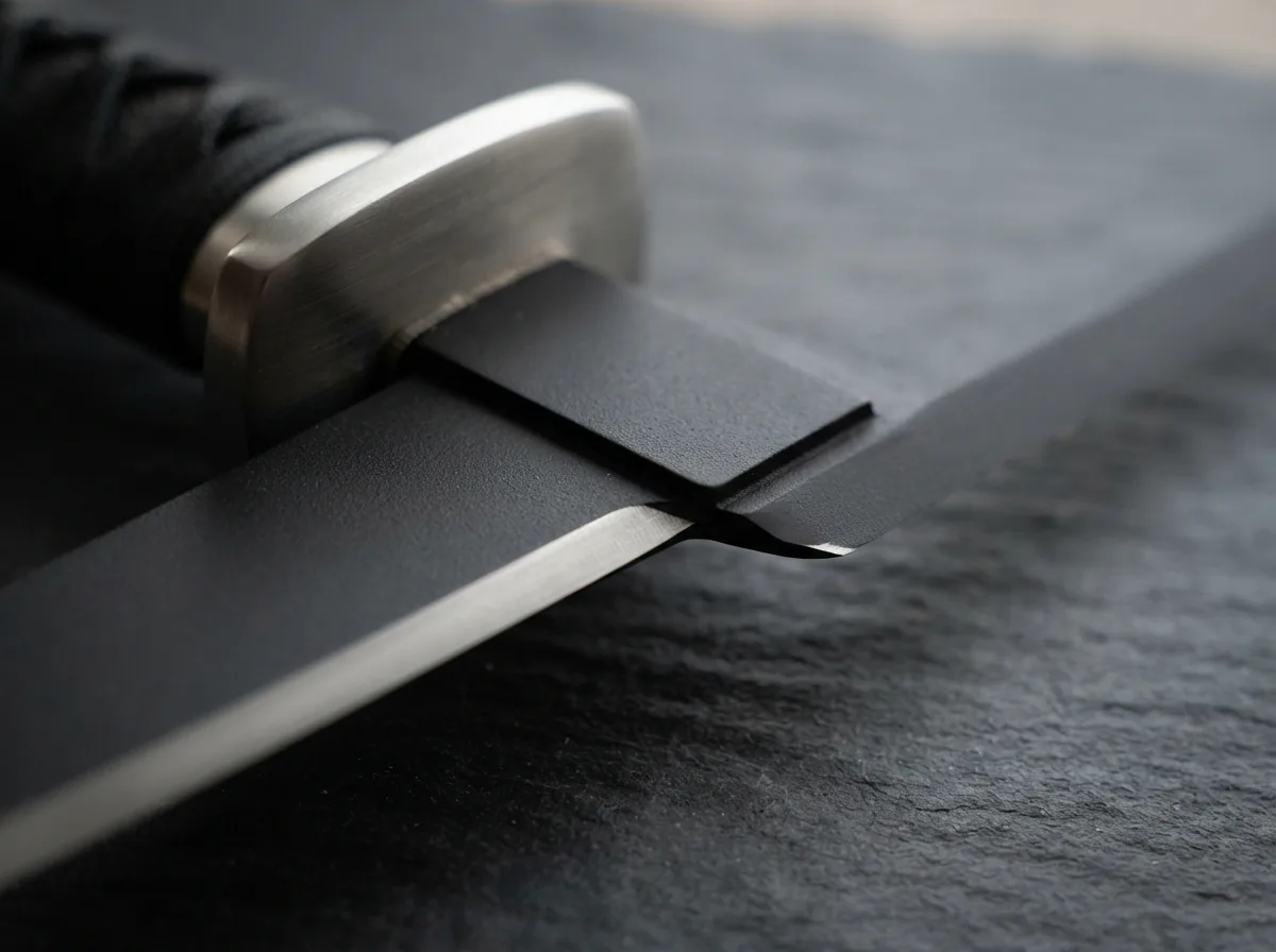 Close-up view of the Honshu Black War Sword's blade, showing the black finish and handguard.