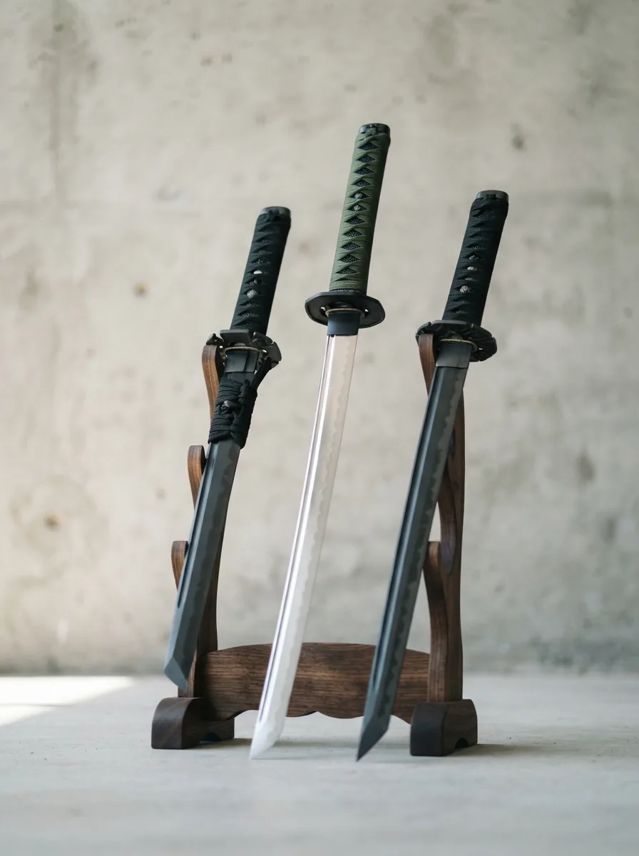 A collection of Honshu katanas displayed on a wooden rack, showing varied blade finishes and handle wrappings.