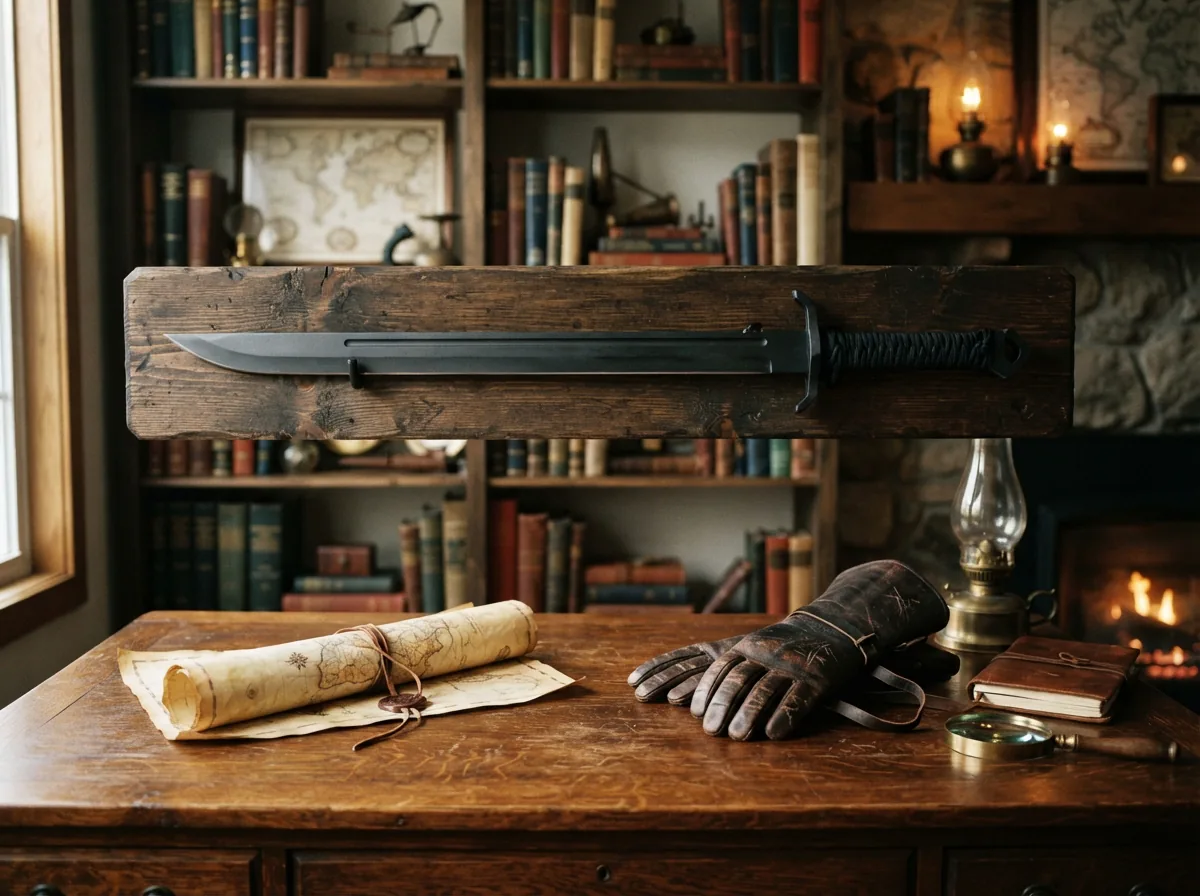 The Honshu Tactical Broadsword displayed prominently on a rustic wooden wall mount above a historical map and a pair of leather gloves.