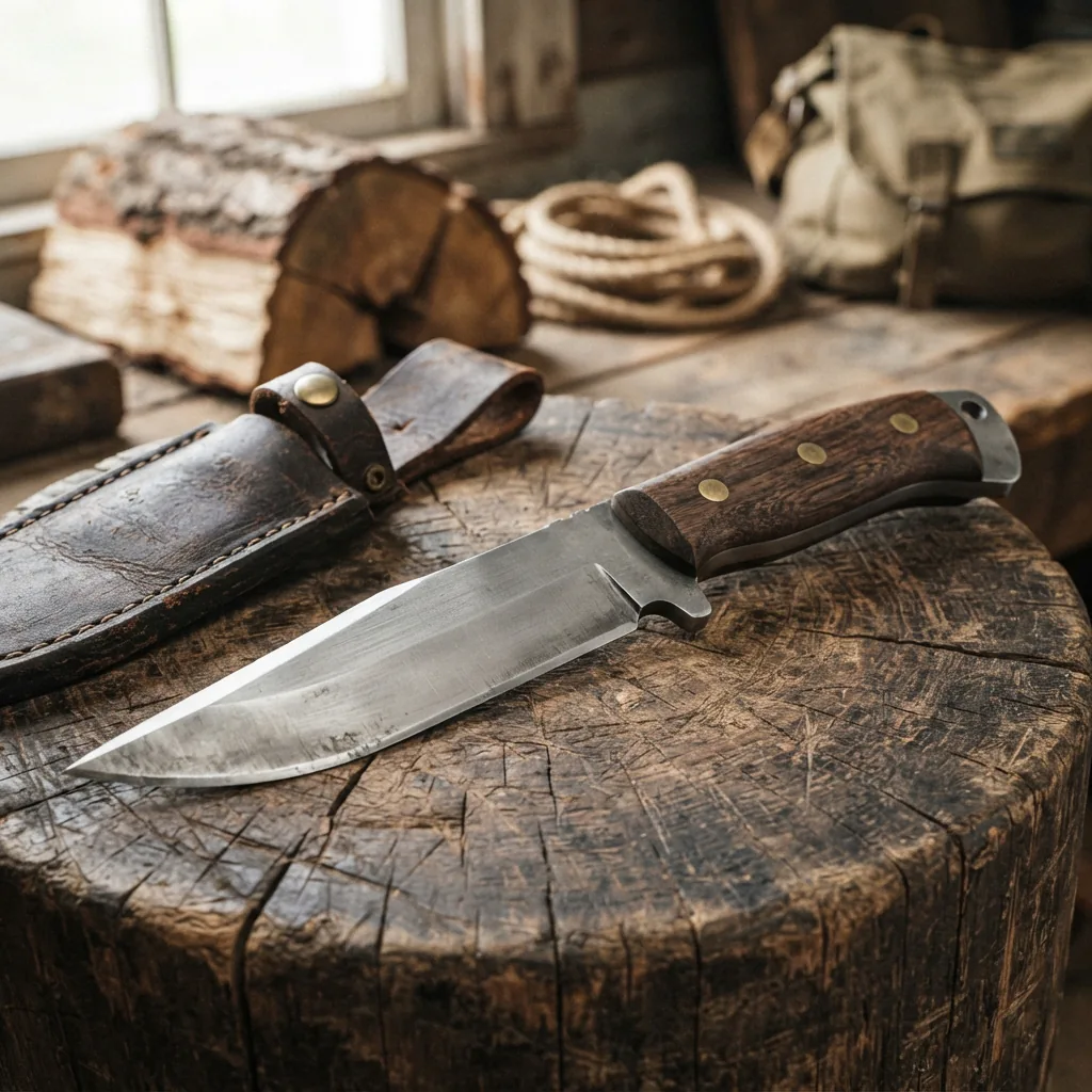 A robust Honshu dagger with a thick blade and full tang construction, shown in a work-oriented setting.