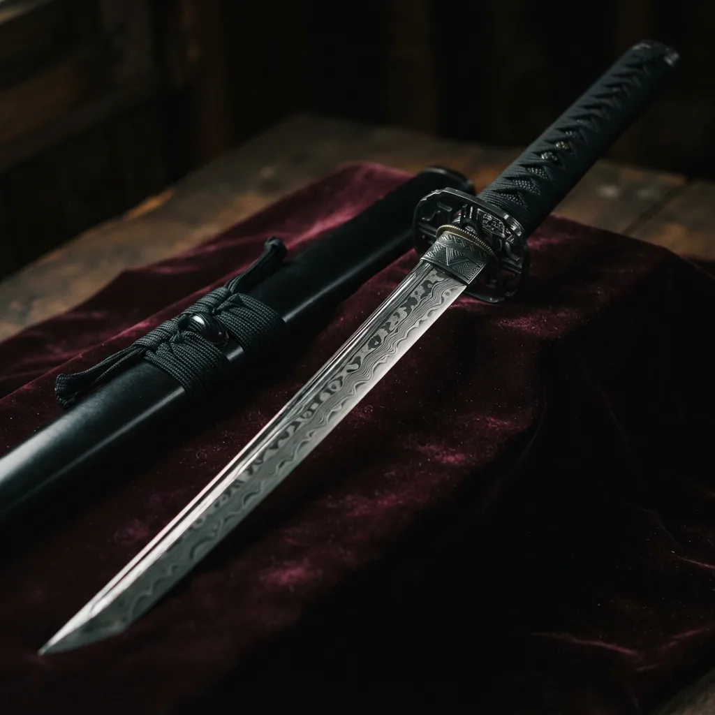 An ornate Honshu katana with a Damascus steel blade, representing decorative artistry.