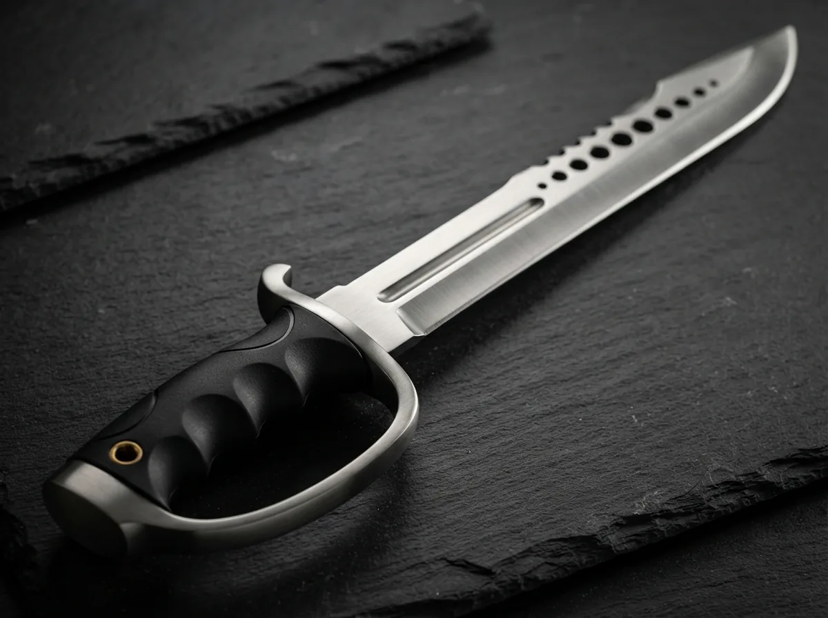 Close-up of the Honshu Spartan Sword's full-tang blade and ergonomic handle, highlighting the 7Cr13 stainless steel construction and TPR grip.