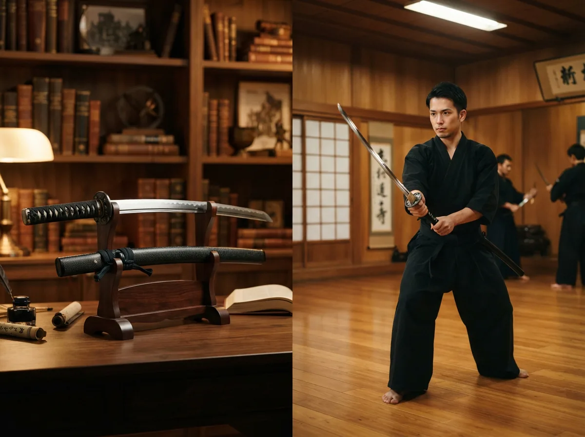 The Honshu Boshin wakizashi displayed in a collector's study and then used in a controlled martial arts practice setting.
