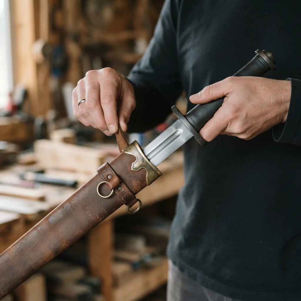 The Honshu broadsword being carefully placed into its brown leather scabbard.