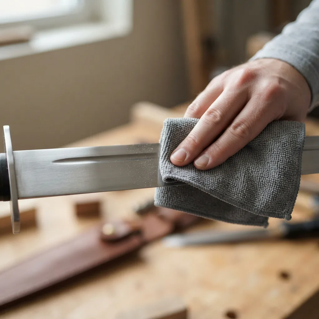 A soft microfiber cloth being used to gently wipe dust from the Honshu broadsword's blade.