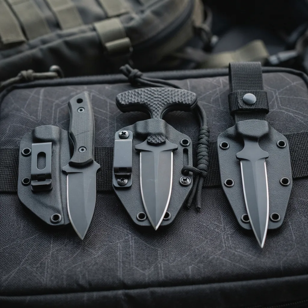 A collection of Honshu tactical push daggers and stilettos with sheaths.
