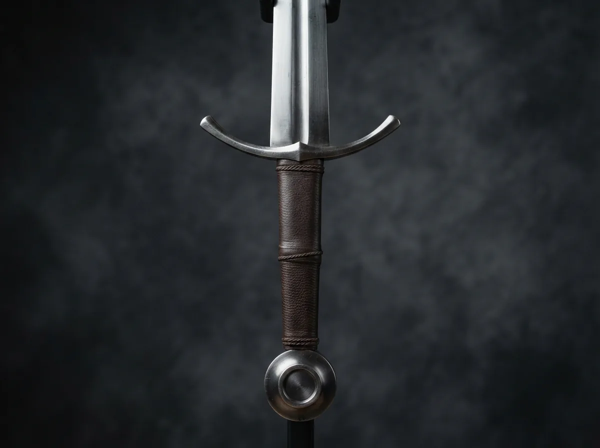 A detailed view of the Honshu 14th Century Italian Longsword, emphasizing the taper of its blade and the craftsmanship of the hilt.
