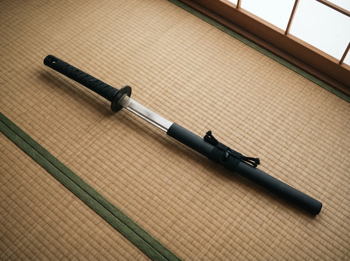 The Honshu Boshin Katana resting across a traditional martial arts training mat.