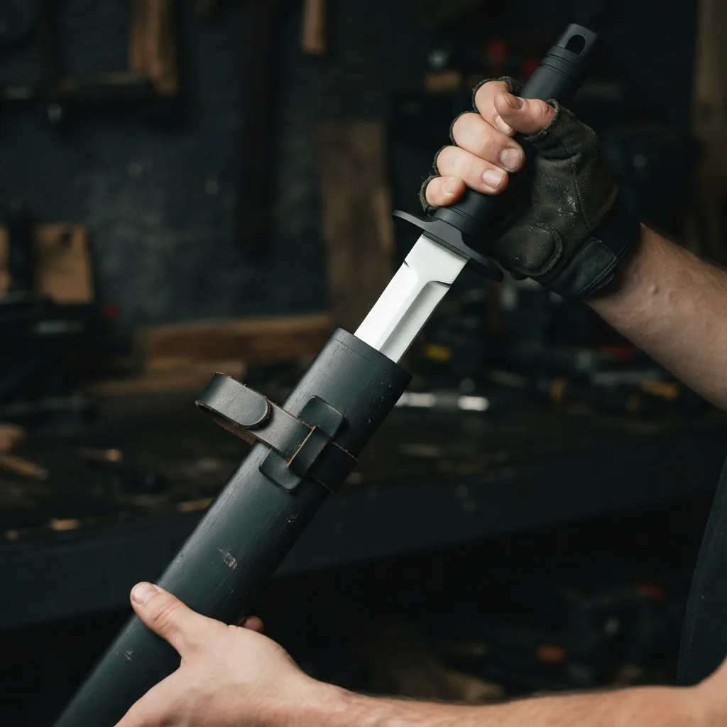 The tactical broadsword being placed into its black wooden scabbard