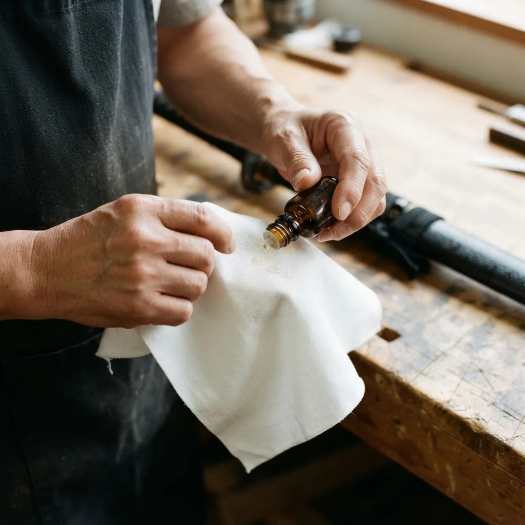 Applying a small amount of oil to a cloth for sword maintenance.