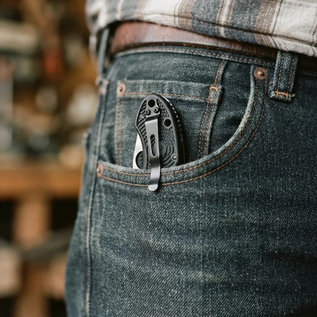 A Honshu folding knife clipped to the pocket of a pair of jeans.