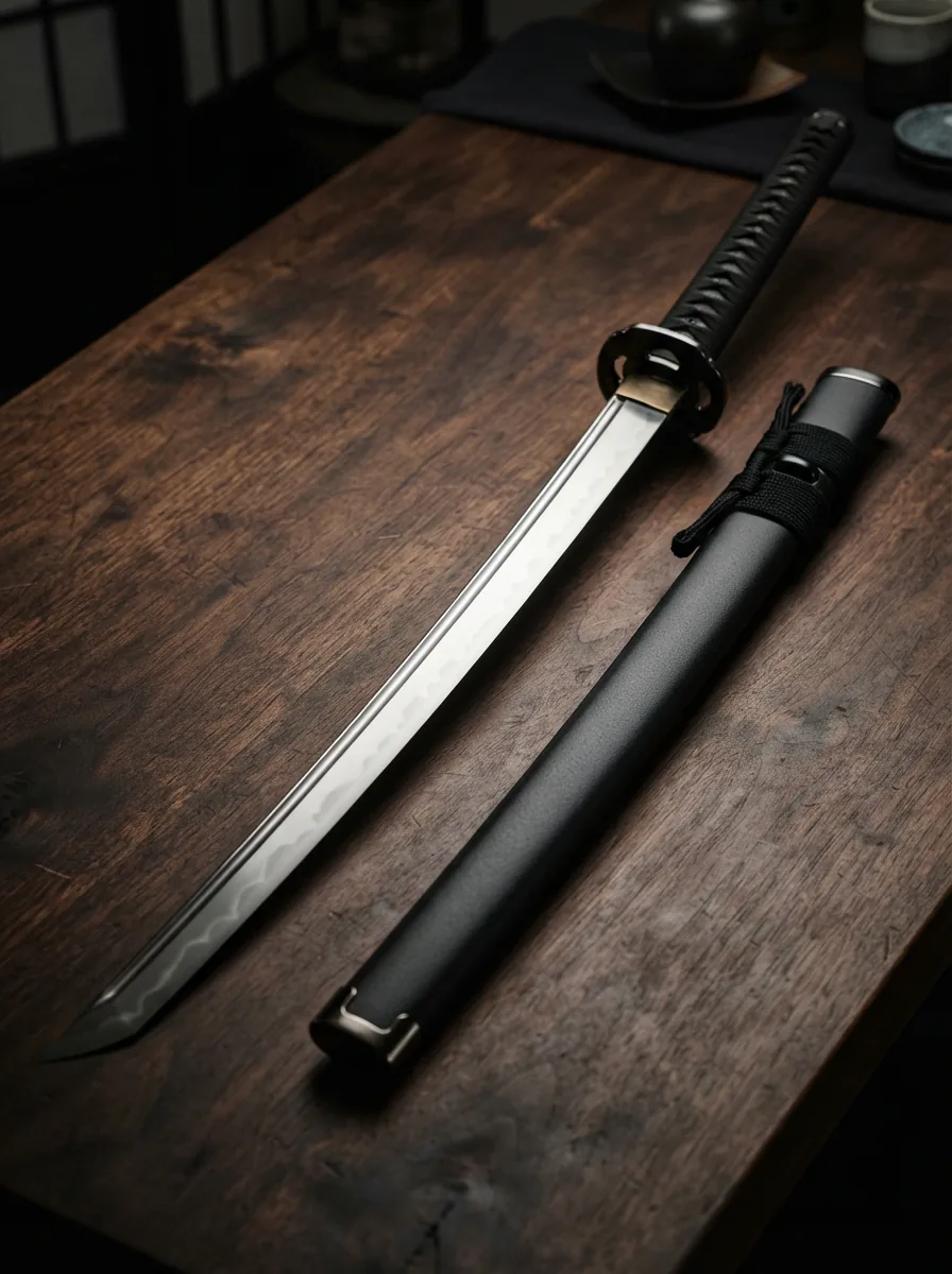 The full Honshu Boshin Katana displayed with its matching scabbard on a dark wooden surface.