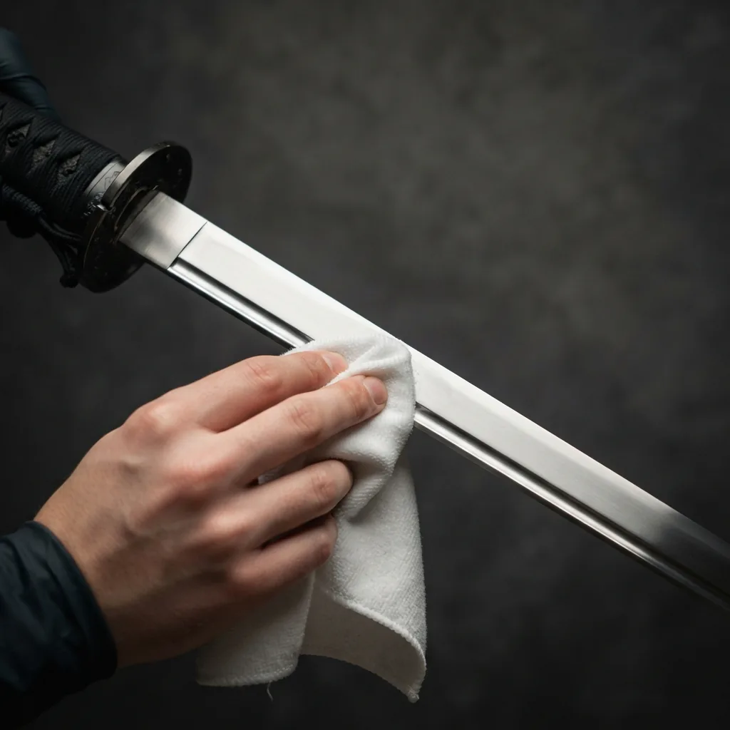 Close-up of a soft cloth wiping fingerprints from the satin-finished blade of the Honshu Boshin Katana.