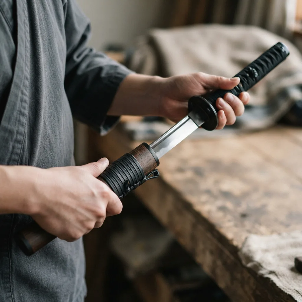 A person carefully sliding the Honshu Boshin wakizashi blade into its leather-wrapped wooden scabbard.