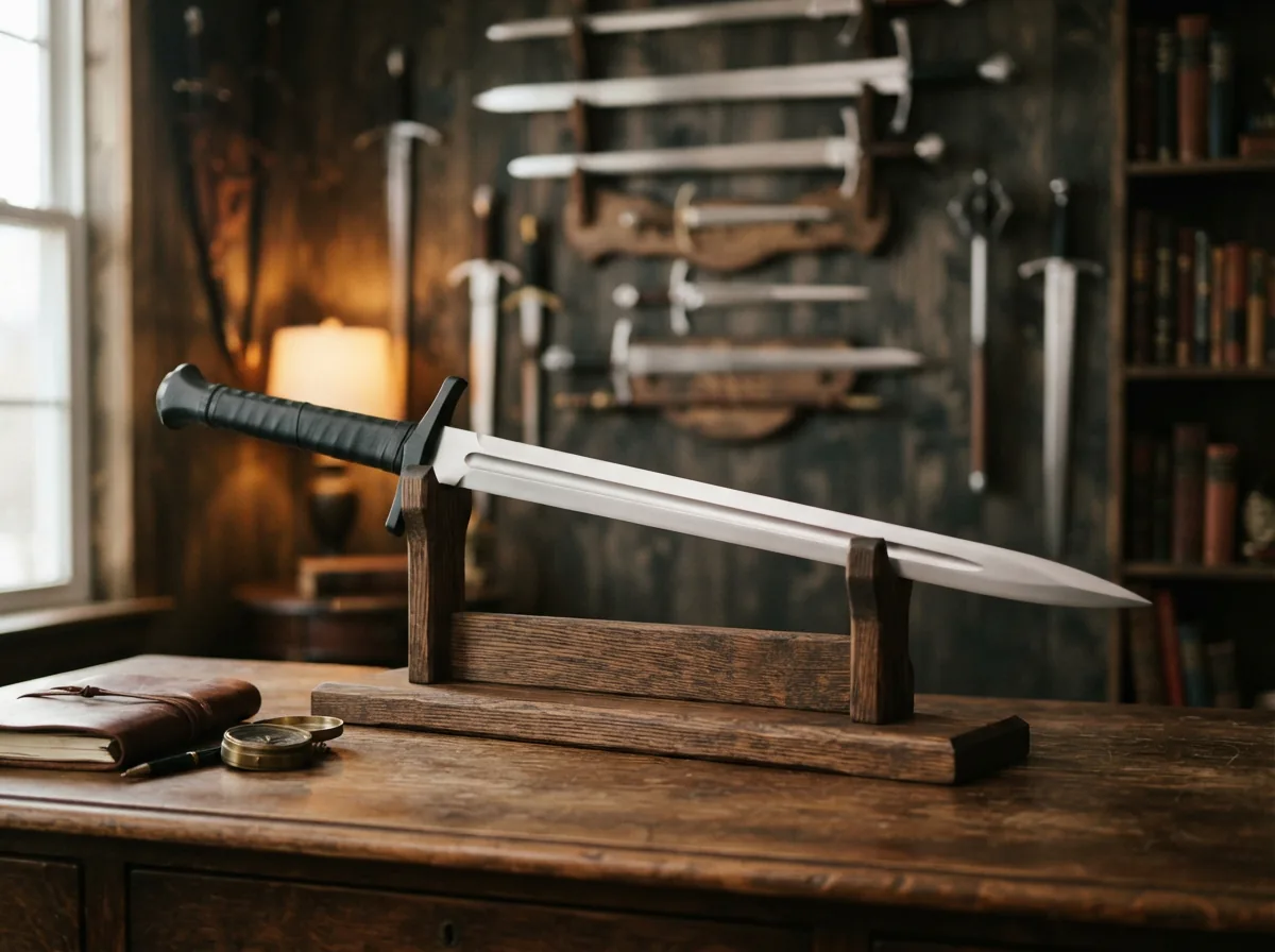 The Honshu broadsword displayed as a centerpiece in a curated collection with other historical blades.