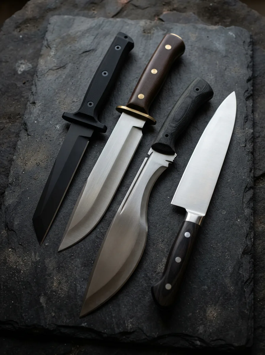 A curated collection of Honshu knives with various blade styles arranged on a dark slate surface.
