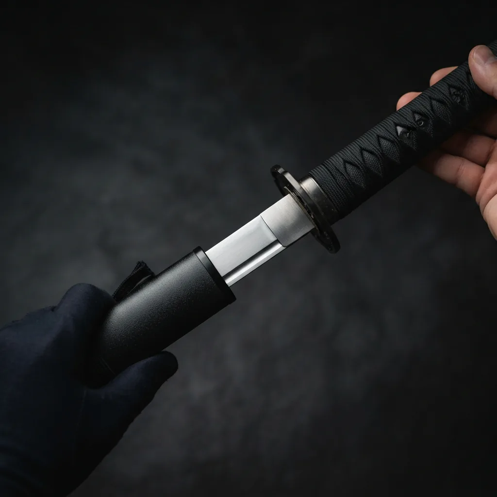 The Honshu Boshin Katana being carefully sheathed into its matching protective scabbard for safe storage.