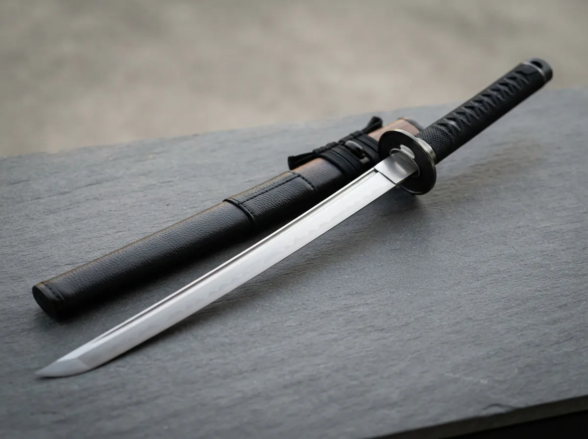 Close-up of the Honshu Boshin wakizashi blade showing its satin finish and the detailed TPR grip with leather-wrapped scabbard.