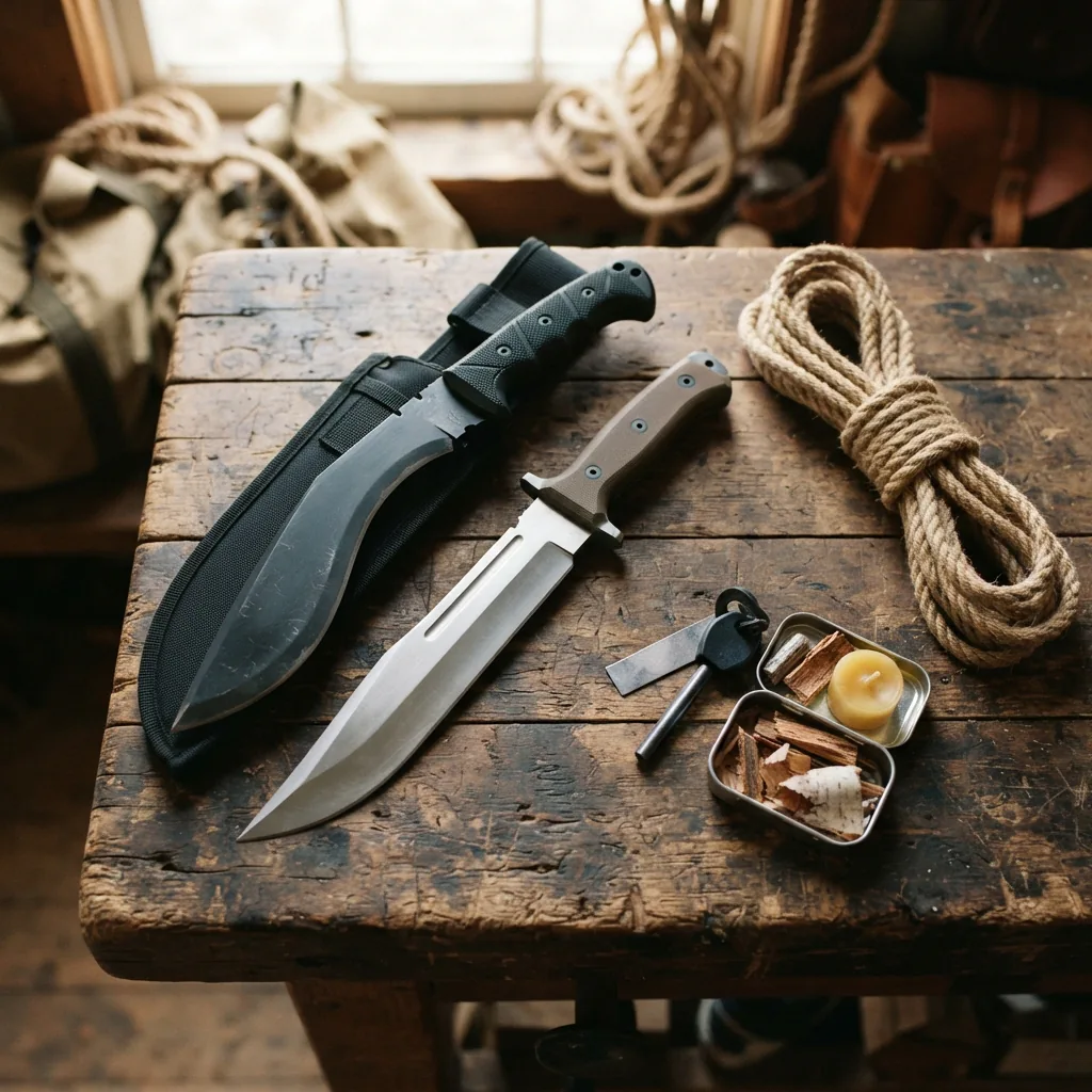 A Honshu kukri and bowie knife displayed with outdoor gear like a rope and a fire starter.