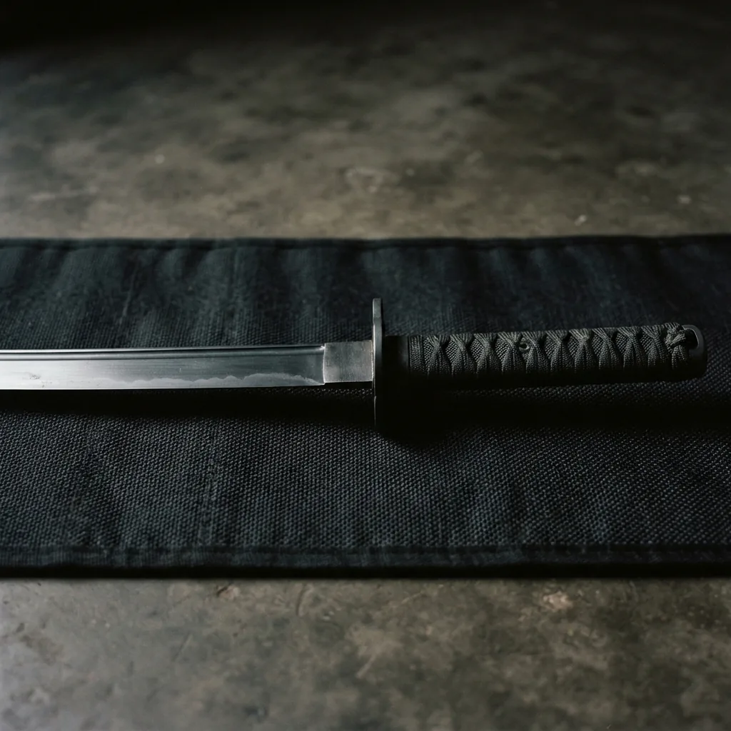 A tactical Honshu katana with a blackened blade and G10 handle, representing durable construction.