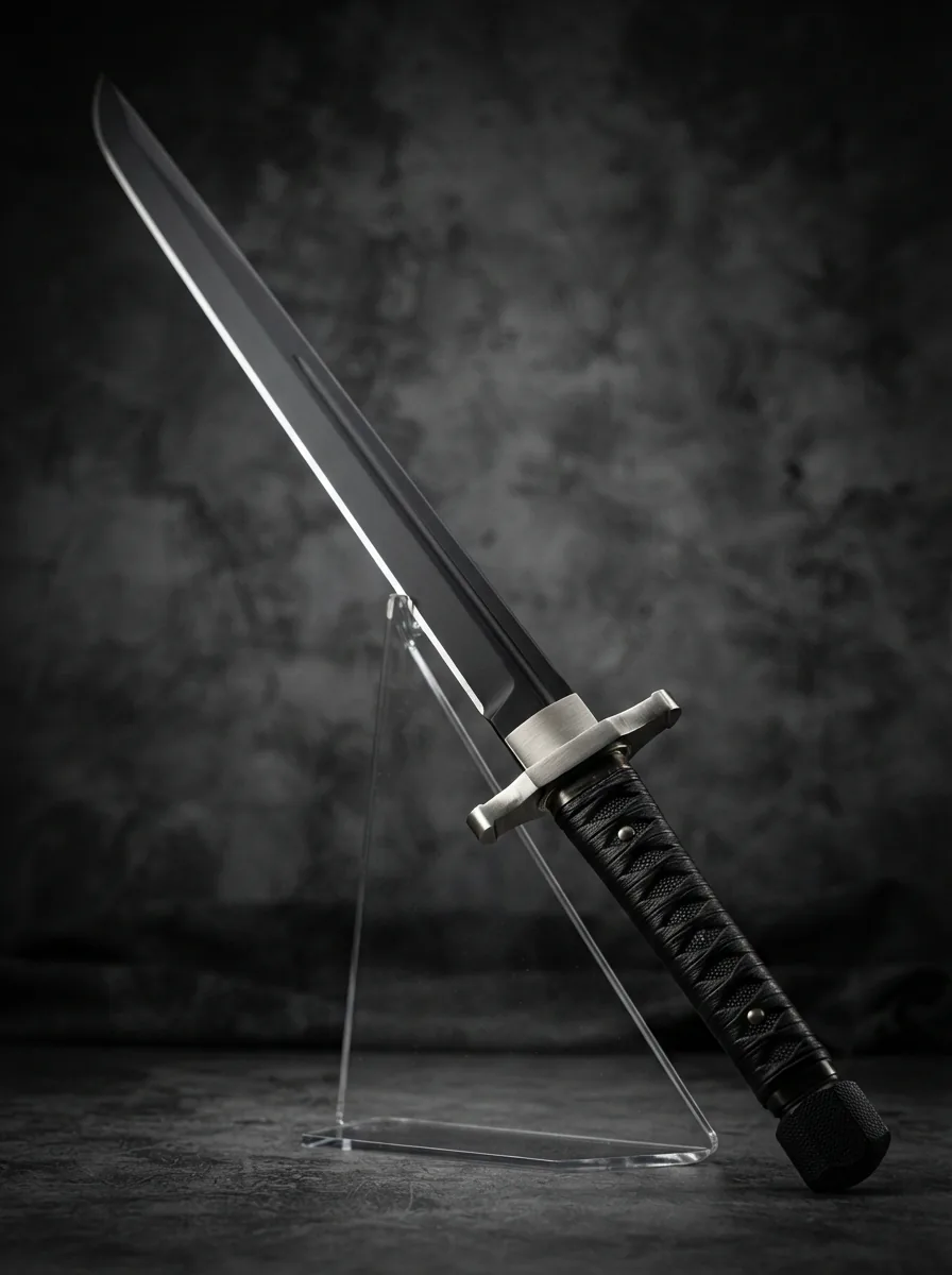 The Honshu Black War Sword displayed against a dark background, showing its full profile.