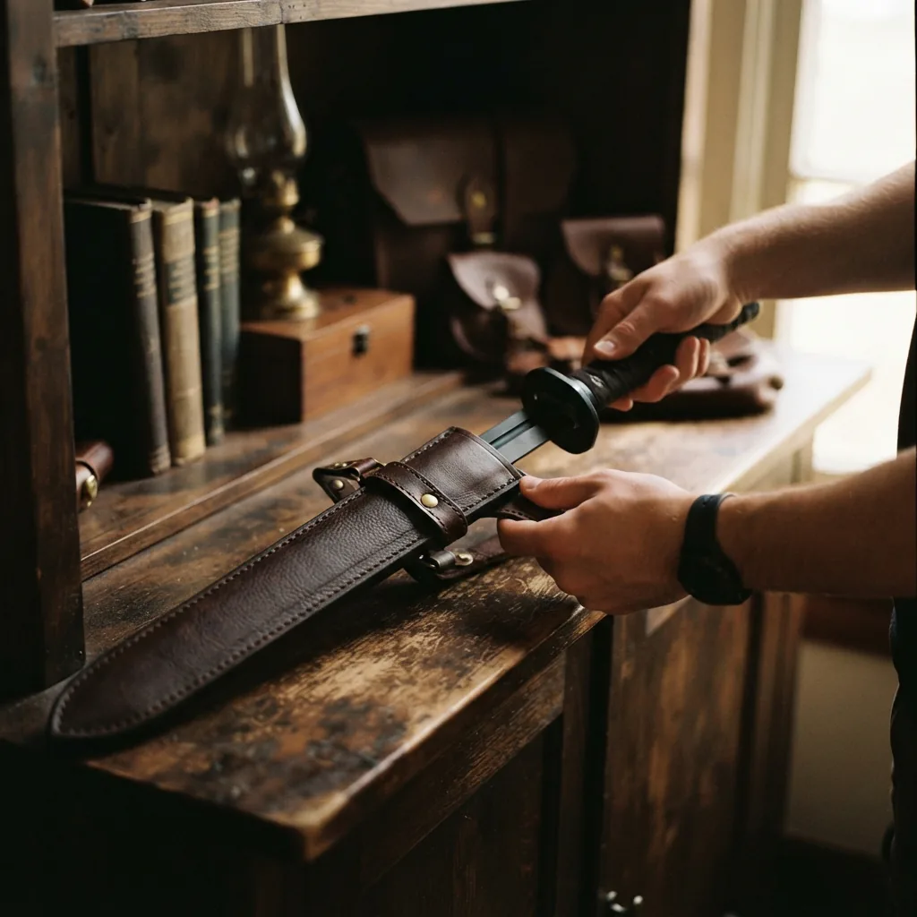 The Honshu Black War Sword safely housed in its brown leather sheath.