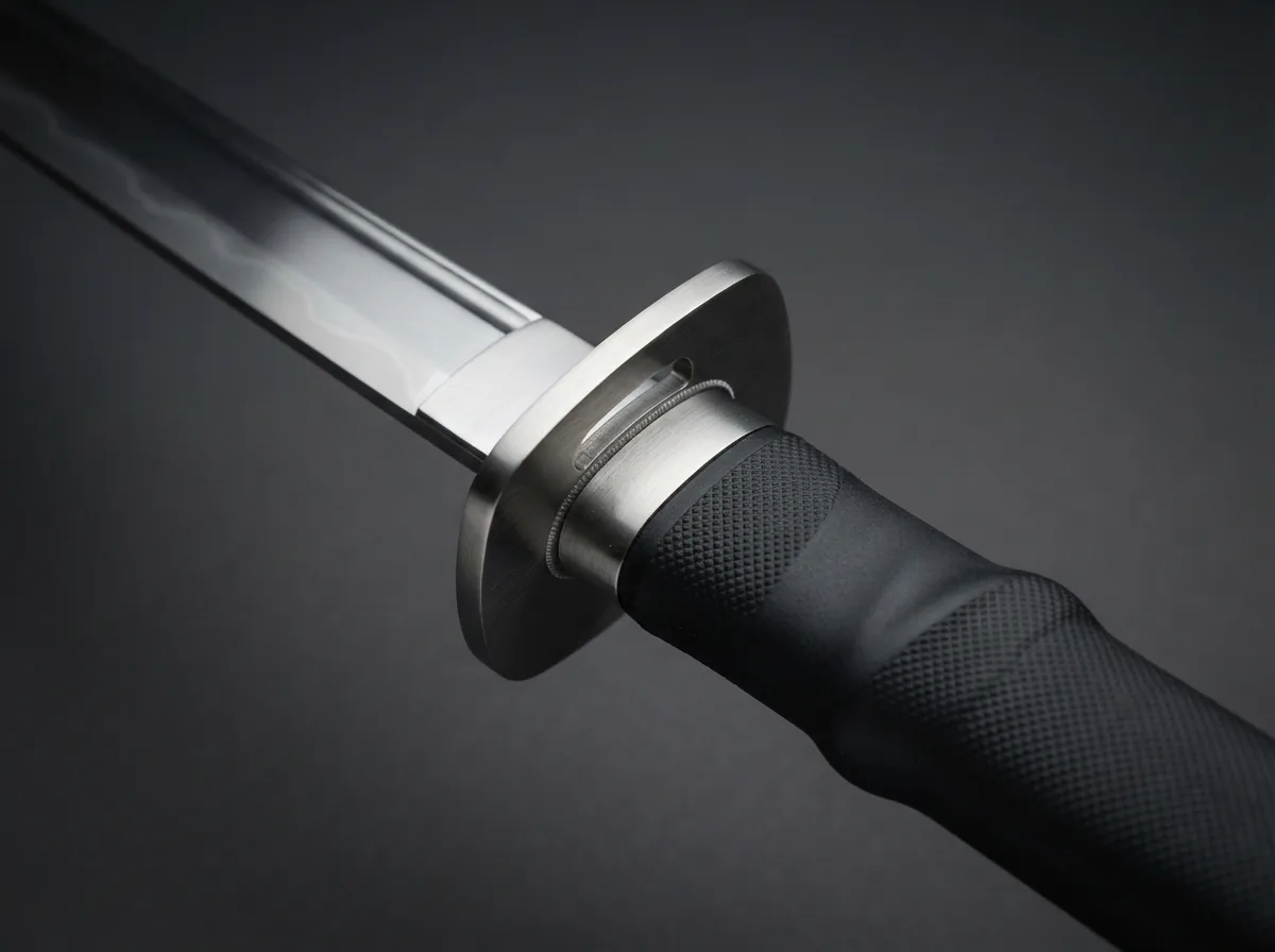 Close-up detail of the Honshu Boshin Katana's satin-finished guard and the textured, non-slip TPR handle.