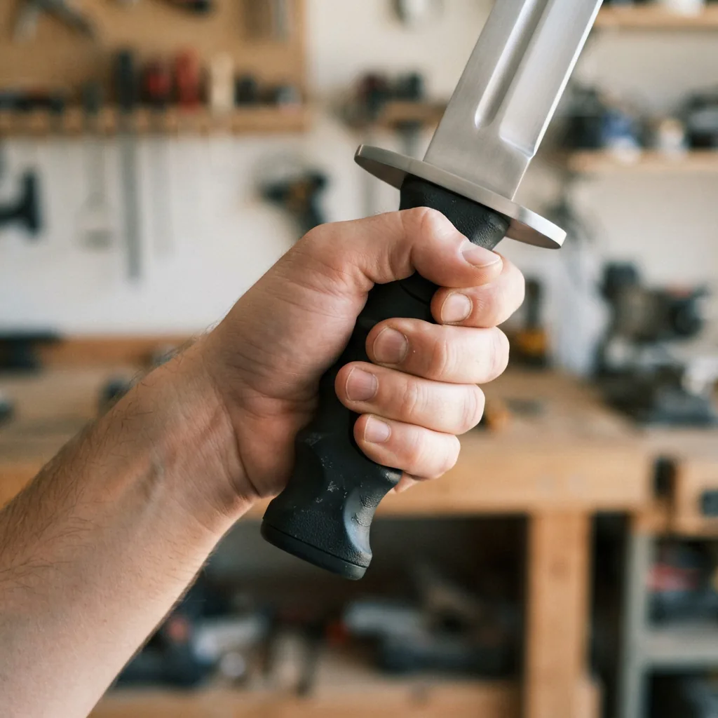 A hand demonstrating a firm grip on the Honshu Spartan Sword's ergonomic TPR handle.