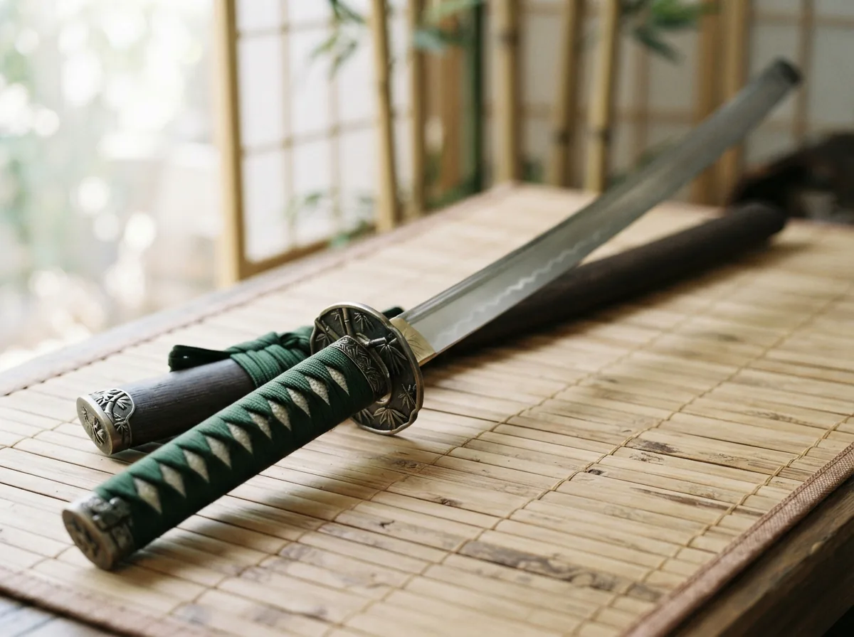 Honshu Bamboo Forest Katana with its 1065 blade, green silk cord handle, and bamboo-engraved fittings.