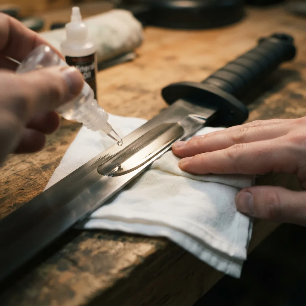 A close-up of a cloth applying a light coat of oil to the surface of the Honshu Tactical Broadsword blade.